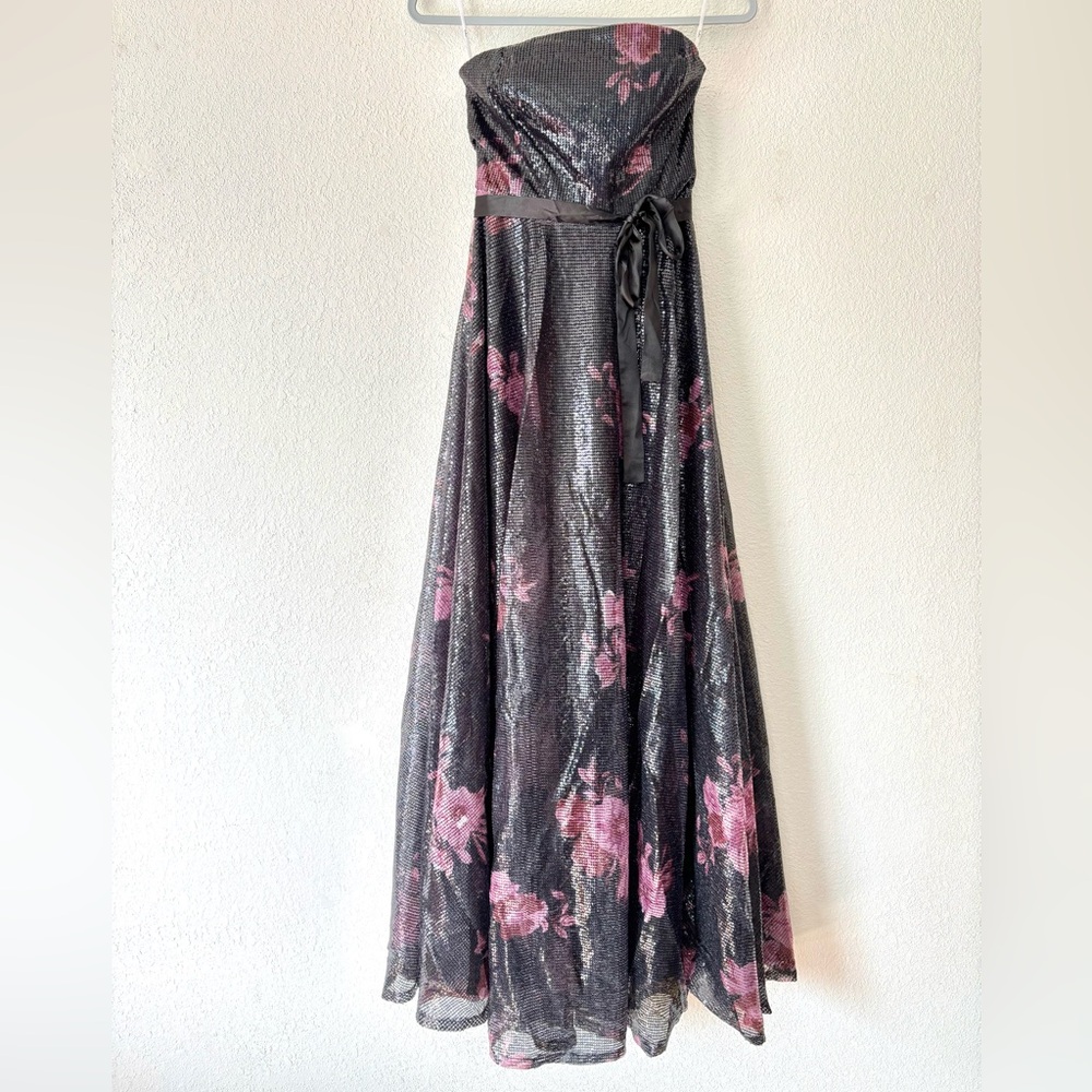 Lulu's Strapless Black Dress with Pink Floral Print
